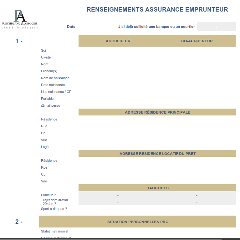 Fiche de rensignements assurance crédit